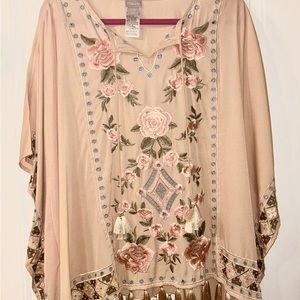 Chicos Rose Embroidered Poncho with fringe. NWT